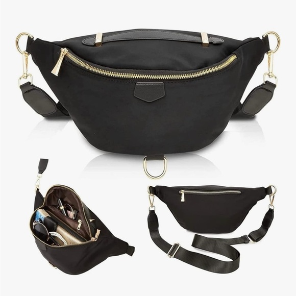 Pulassi Handbags - NWOT Pulassi Plus Size Black Fanny Pack, Unisex Cross Body Bag Black Gold Travel